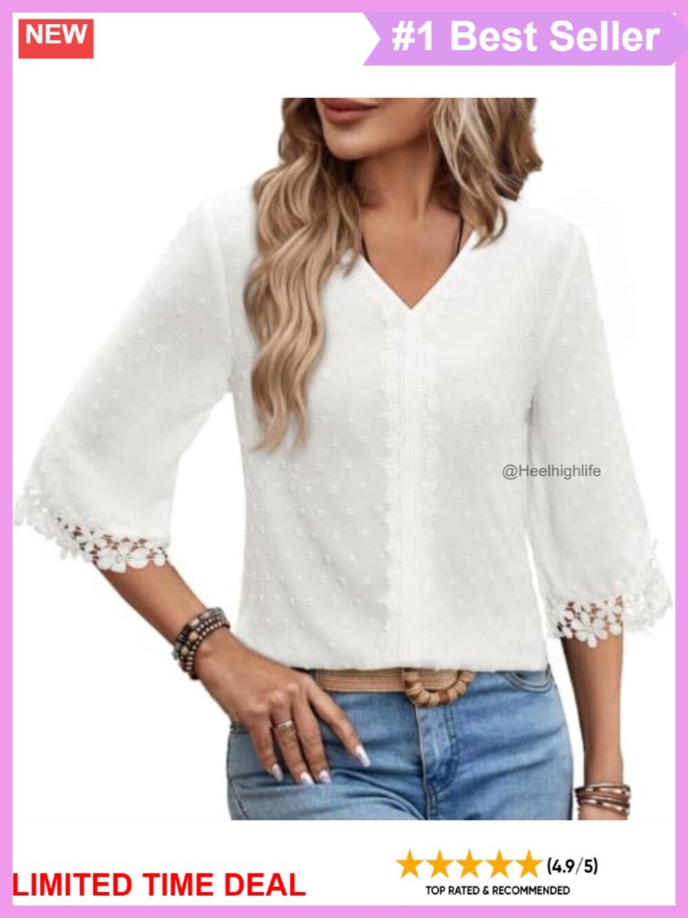 Women's 3/4 Sleeve Peasant Blouse V-Neck Lace Trim Swiss Dot Top